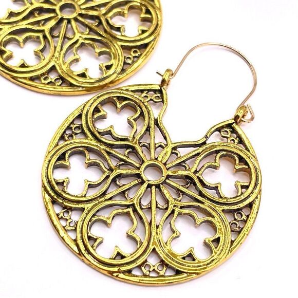 Yellow Gold Boho Mandala Style Round Detailed Dangling Drop Hinged Hook Earrings - Picture 4 of 6